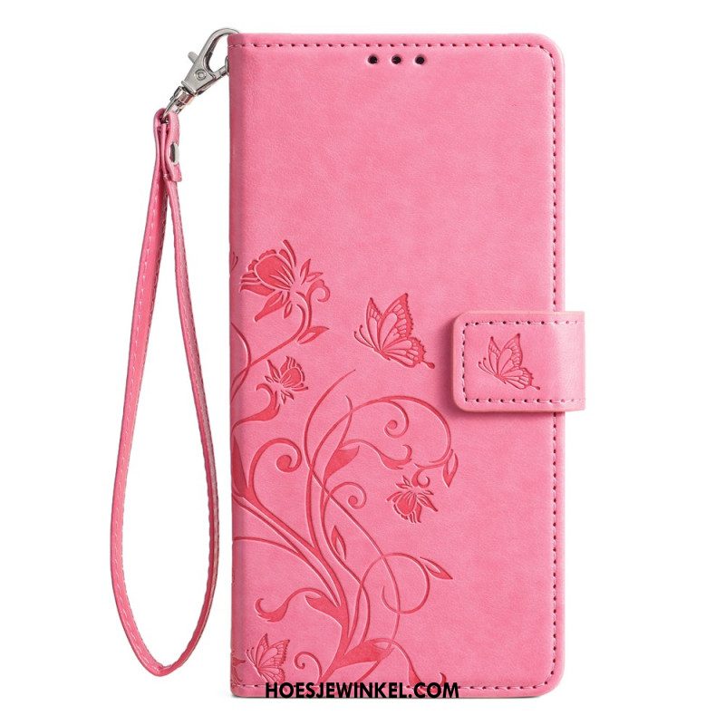 Bescherming Hoesje Oppo Reno 11 5g Vlinders En Bloemen Met Riem