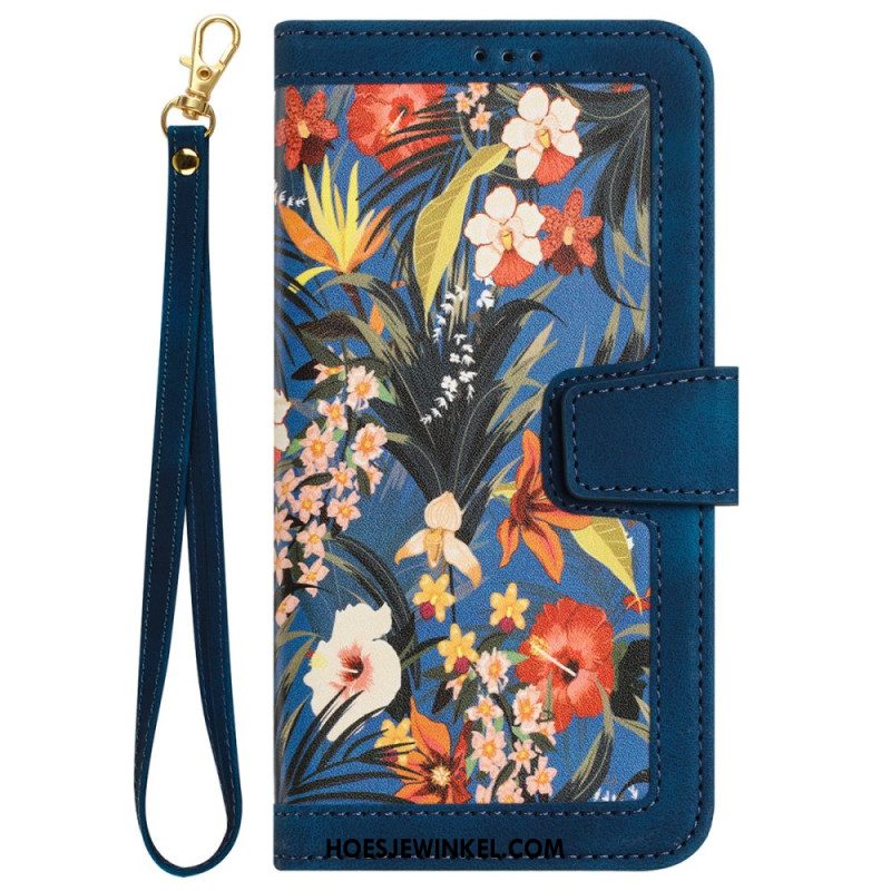 Flip Case Leren Samsung Galaxy S24 5g Artistiek Bloemmotief Met Riempje