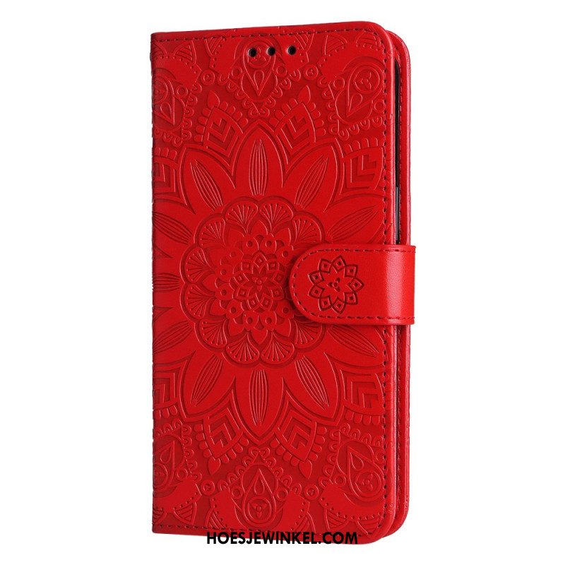 Flip Case Leren Samsung Galaxy S24 Fe Zonnebloempatroon Met Riempje