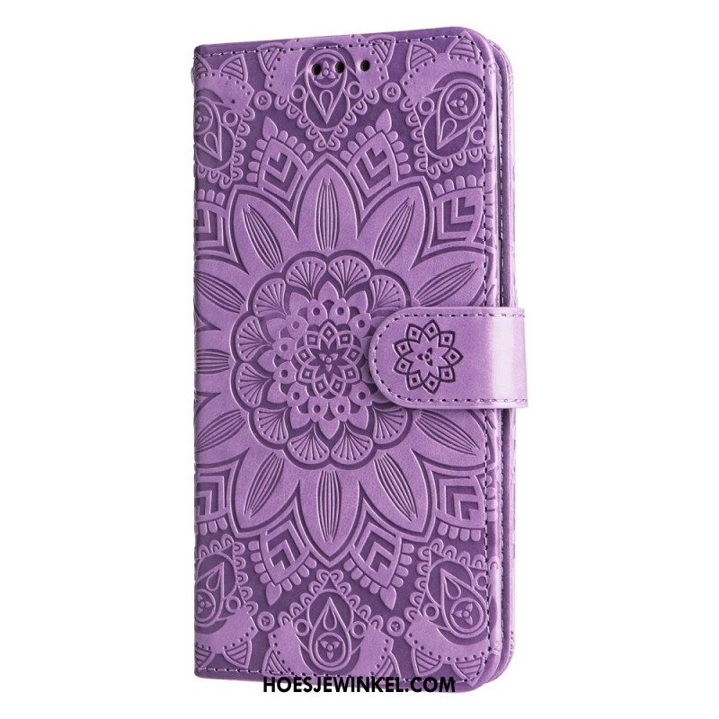 Flip Case Leren Samsung Galaxy S24 Fe Zonnebloempatroon Met Riempje