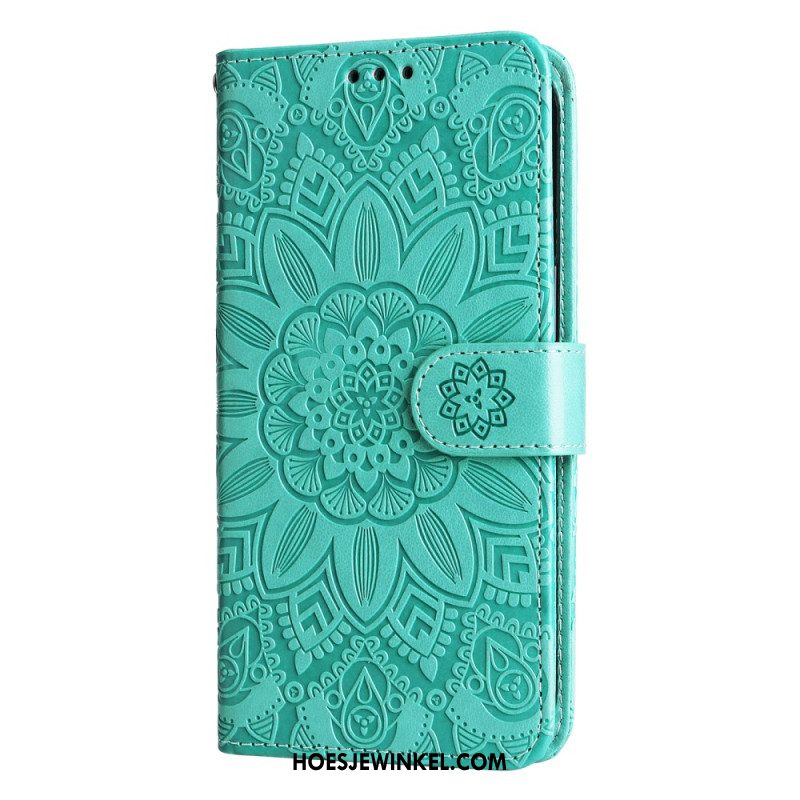 Flip Case Leren Samsung Galaxy S24 Fe Zonnebloempatroon Met Riempje