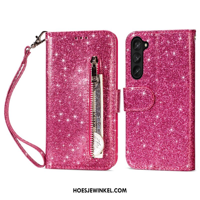 Flip Case Leren Samsung Galaxy Z Fold 5 Glittertasje Met Riempje