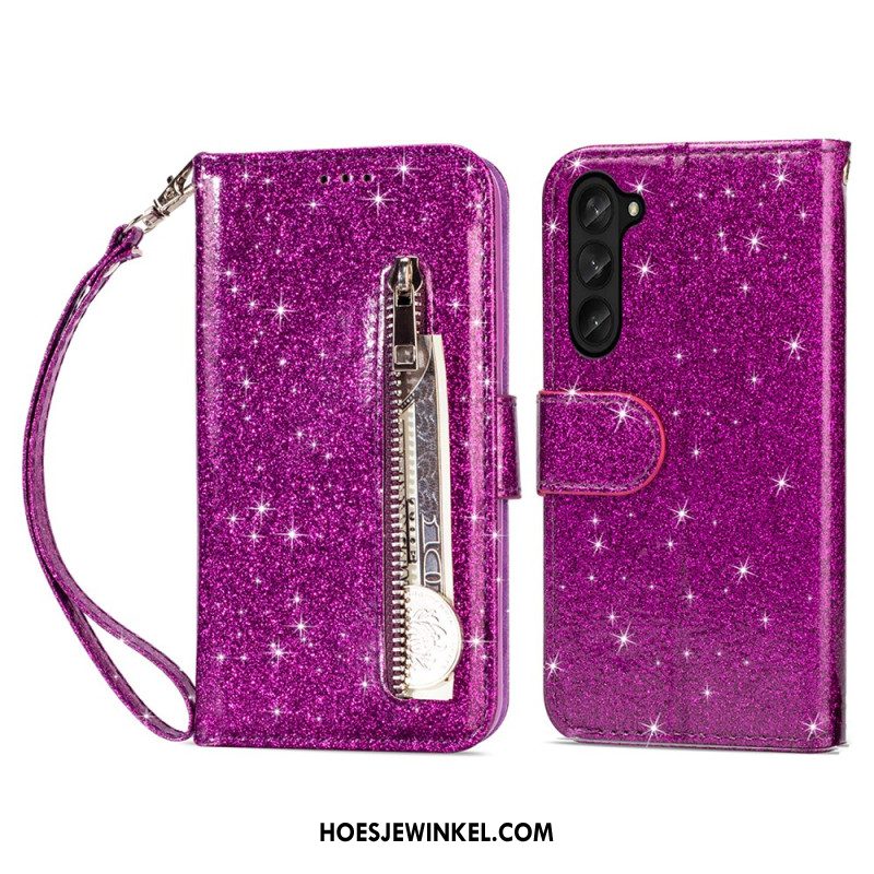 Flip Case Leren Samsung Galaxy Z Fold 5 Glittertasje Met Riempje