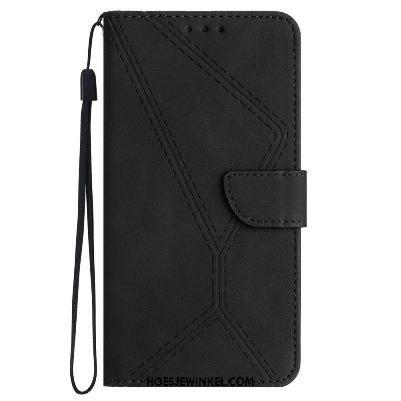 Flip Case Leren Sony Xperia 1 Vi Lijnen En Gestippelde Bandjes