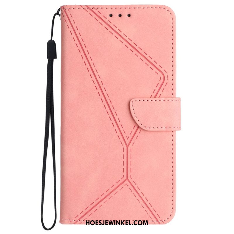 Flip Case Leren Sony Xperia 1 Vi Lijnen En Gestippelde Bandjes