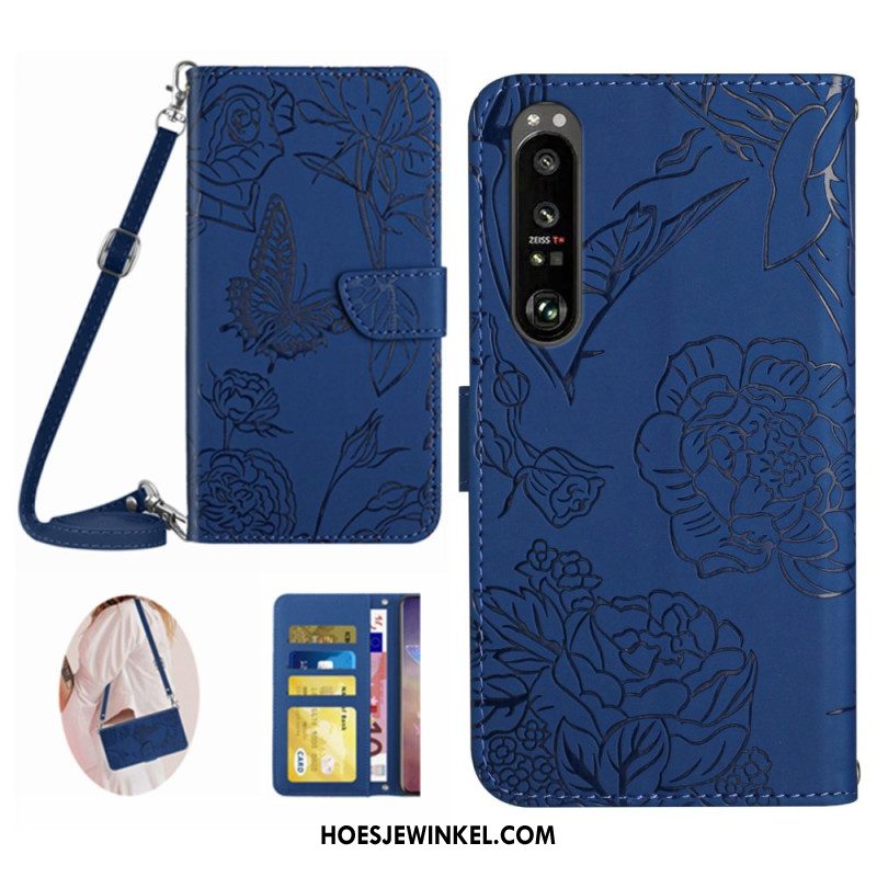 Flip Case Leren Sony Xperia 1 Vi Vlinderprint Met Schouderband