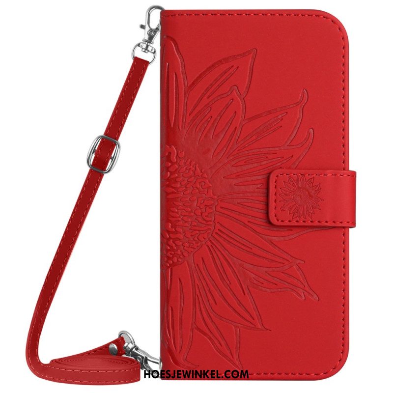 Flip Case Leren Sony Xperia 10 Vi Zonnebloem Schouderband