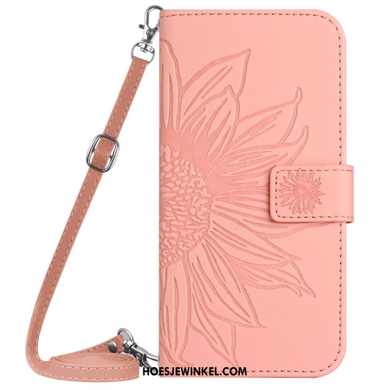 Flip Case Leren Sony Xperia 10 Vi Zonnebloem Schouderband