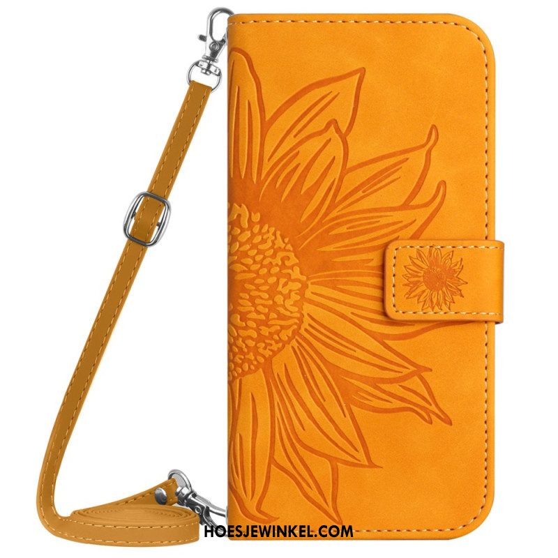 Flip Case Leren Sony Xperia 10 Vi Zonnebloem Schouderband