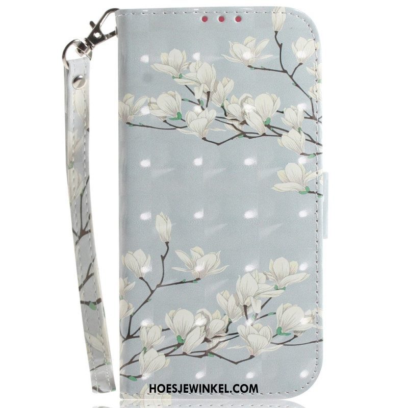 Folio-hoesje voor Moto G73 5G Met Ketting Witte Bloemen Met Bandjes