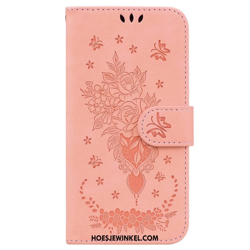 Folio-hoesje voor Samsung Galaxy M13 Met Ketting Strappy Rozen En Vlinders