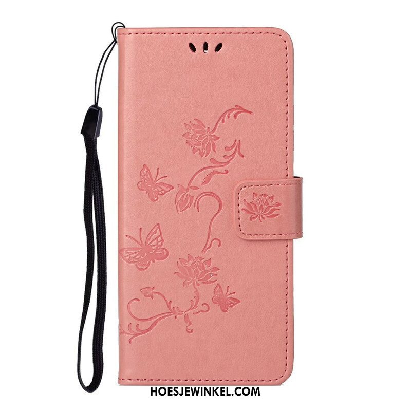 Folio-hoesje voor Samsung Galaxy S21 5G Met Ketting String Vlinders En Bloemen