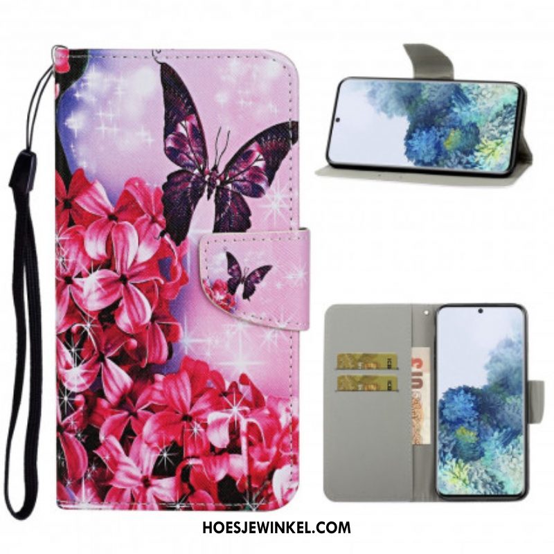 Folio-hoesje voor Samsung Galaxy S21 Ultra 5G Vlinders Floral Lanyard