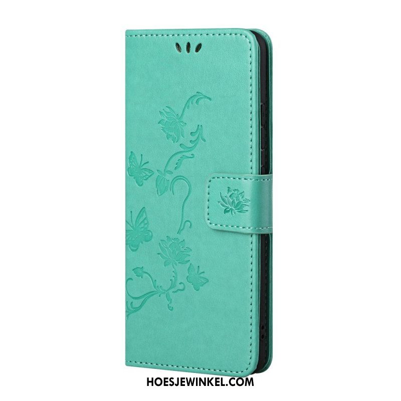 Folio-hoesje voor Samsung Galaxy S22 Plus 5G Met Ketting String Vlinders En Bloemen