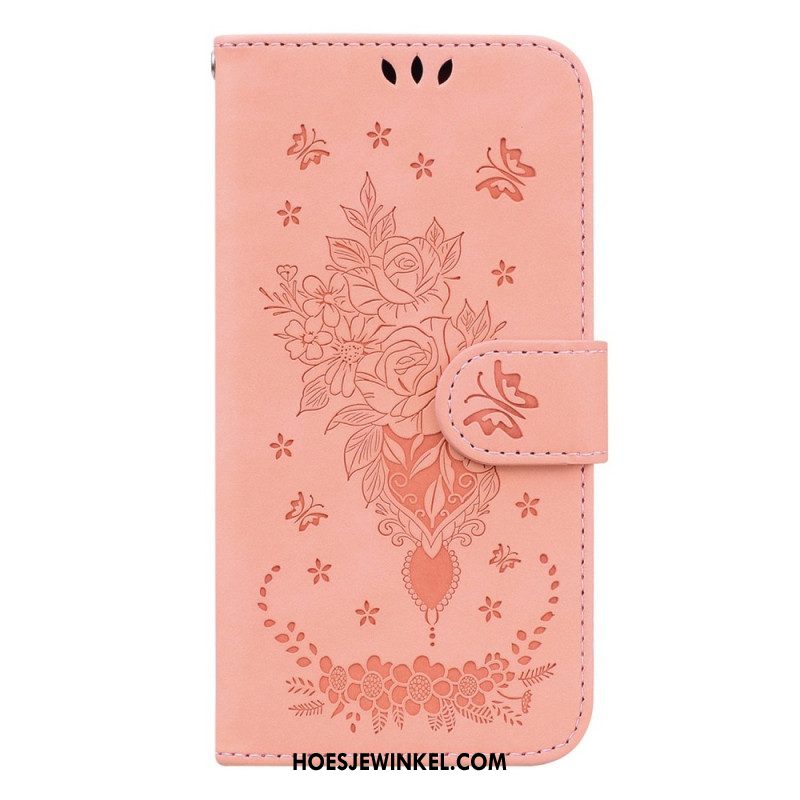 Folio-hoesje voor Samsung Galaxy S23 Plus 5G Met Ketting Strappy Rozen En Vlinders