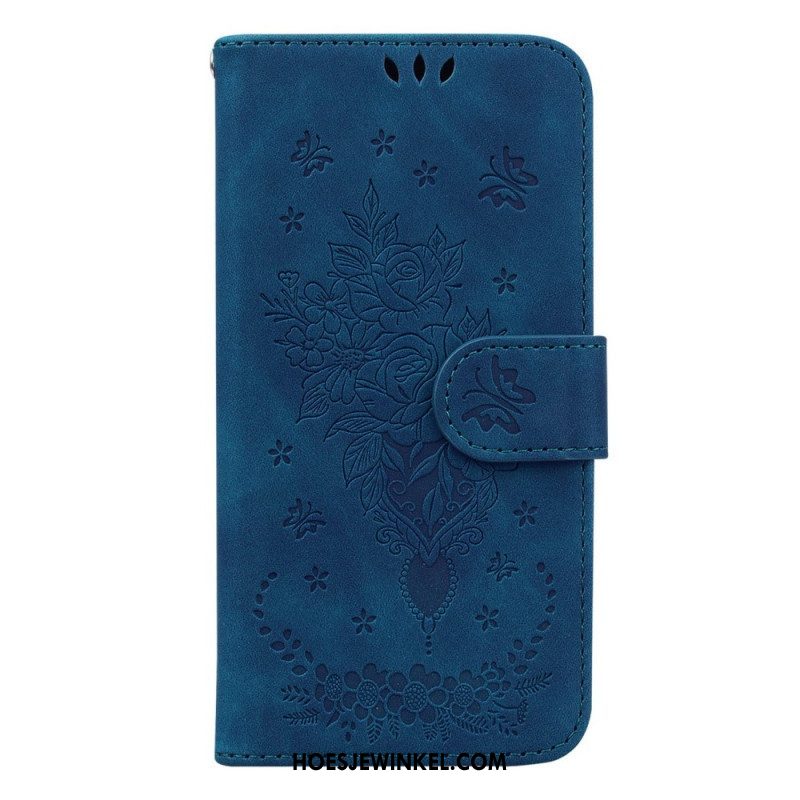 Folio-hoesje voor Samsung Galaxy S23 Ultra 5G Met Ketting Strappy Rozen En Vlinders