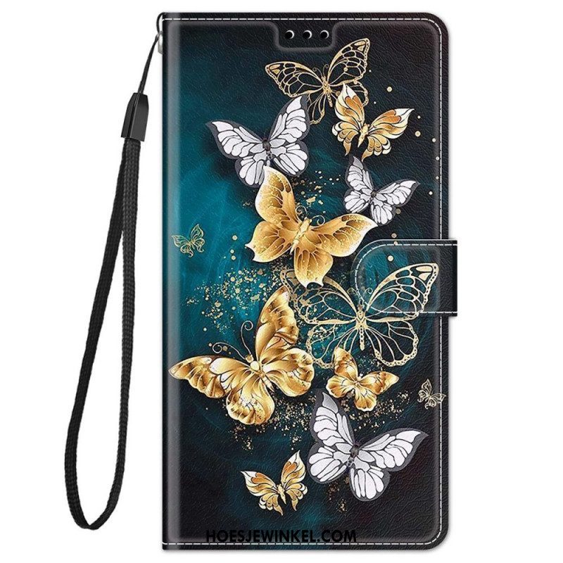 Folio-hoesje voor Xiaomi Redmi Note 11 Pro Plus 5G Met Ketting Riem Vlinders Waaier