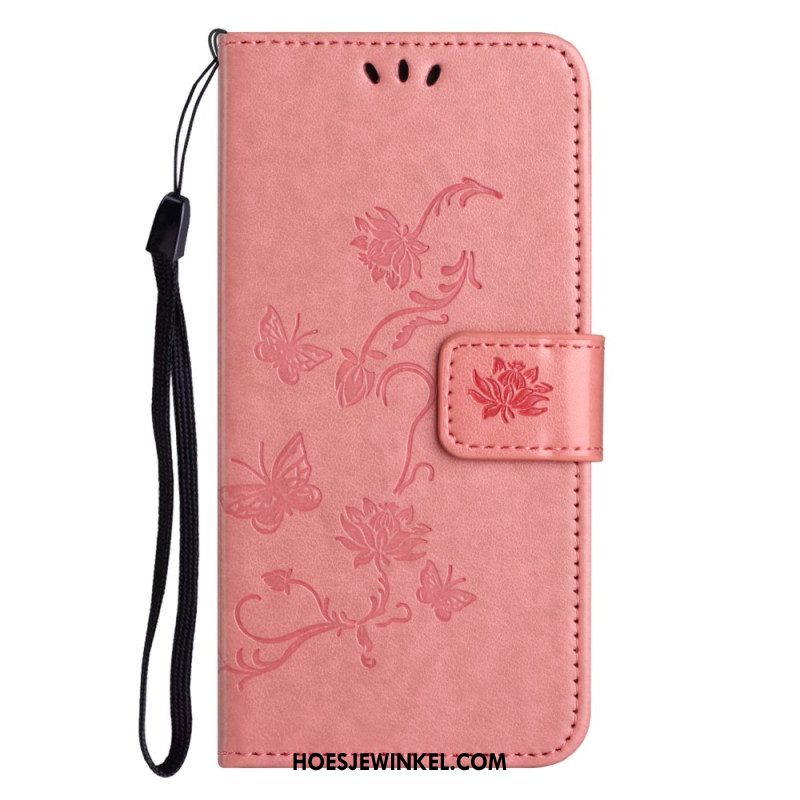 Folio-hoesje voor Xiaomi Redmi Note 12 4G Met Ketting Bloemen En Vlinders Met Riem