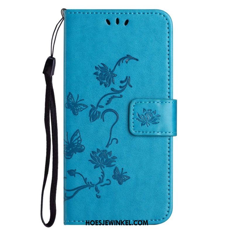 Folio-hoesje voor Xiaomi Redmi Note 12 4G Met Ketting Bloemen En Vlinders Met Riem