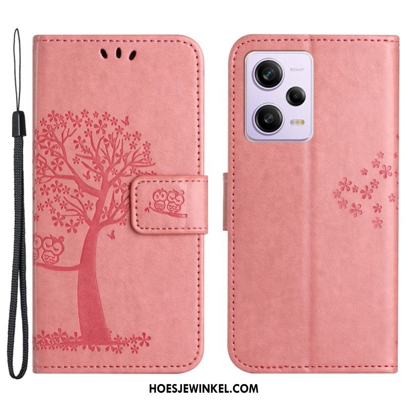 Folio-hoesje voor Xiaomi Redmi Note 12 5G Met Ketting String Boom En Uilen