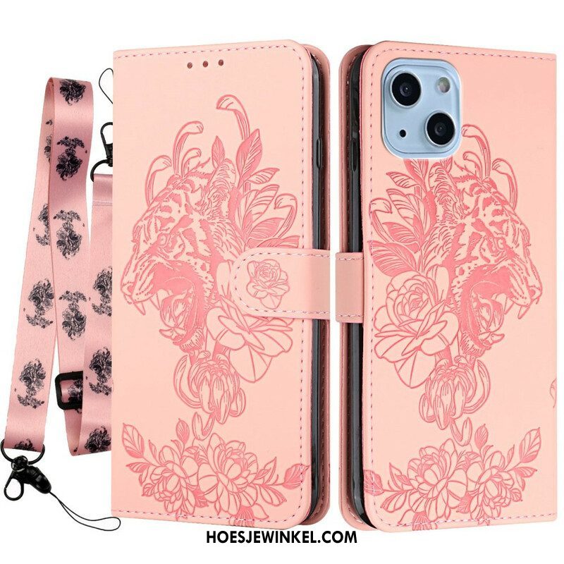 Folio-hoesje voor iPhone 13 Mini Met Ketting Barokke Strappy Tijger