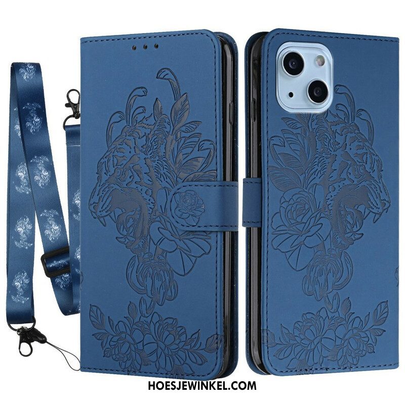 Folio-hoesje voor iPhone 13 Mini Met Ketting Barokke Strappy Tijger