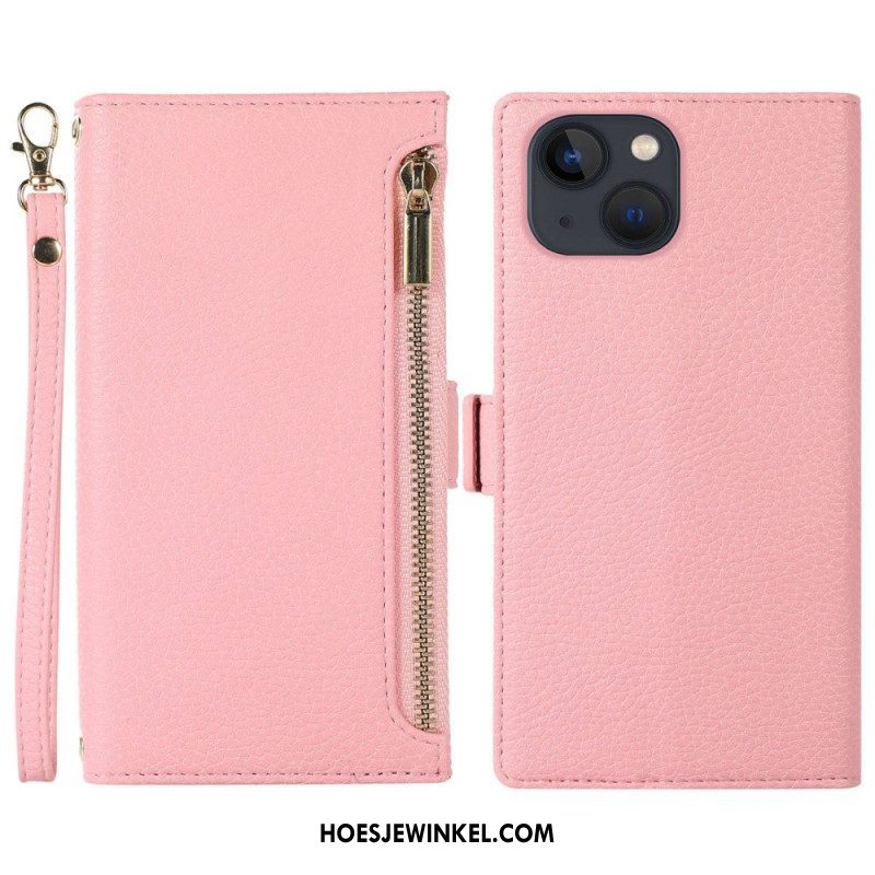 Folio-hoesje voor iPhone 14 Plus Met Ketting Litchi Leer Met Riem En Ritssluiting