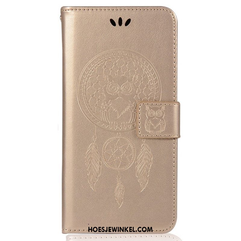 Folio-hoesje voor iPhone 14 Pro Met Ketting Uil Dromenvanger Met Riem