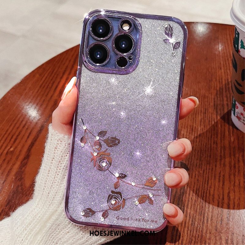 Hoesje Voor iPhone 16 Pro Max Etui Met Bloemen En Strasssteentjes