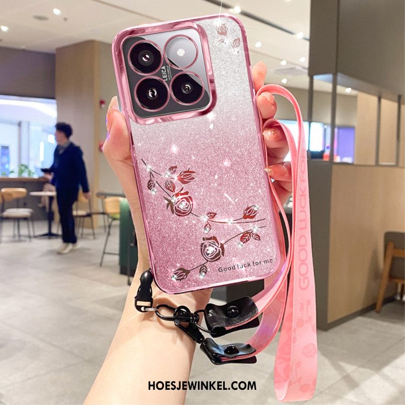 Hoesje Xiaomi 14t Pro Steentjes En Bloemen Met Riempje Bescherming Hoesje