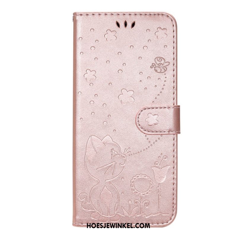 Leren Hoesje Samsung Galaxy S24 5g Kat En Bijen Met Riem Bescherming Hoesje