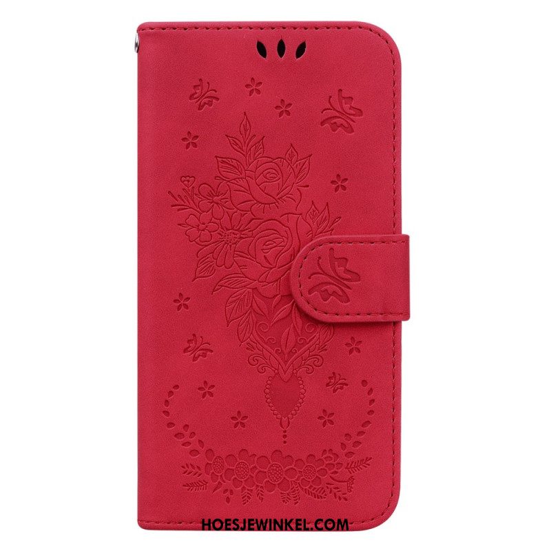 Leren Hoesje Voor Oppo Reno 11 5g Bloemenpatroon Met Suède-effect En Riempje