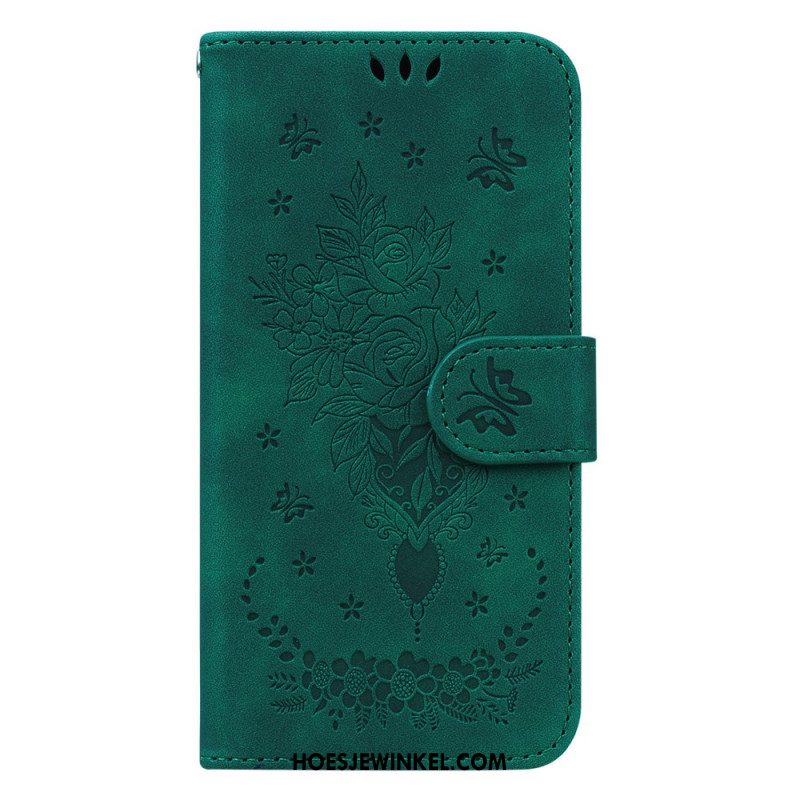 Leren Hoesje Voor Oppo Reno 11 5g Bloemenpatroon Met Suède-effect En Riempje