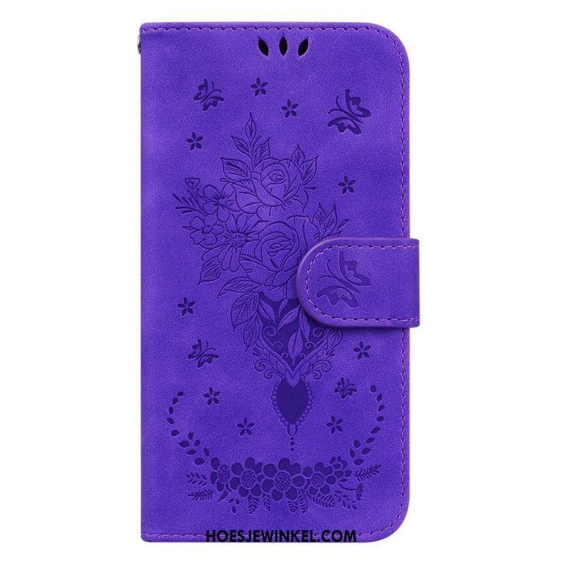 Leren Hoesje Voor Oppo Reno 11 5g Bloemenpatroon Met Suède-effect En Riempje