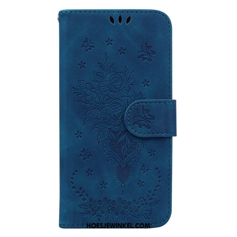 Leren Hoesje Voor Oppo Reno 11 5g Bloemenpatroon Met Suède-effect En Riempje