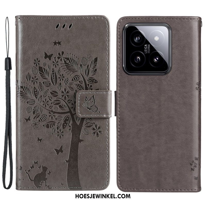 Leren Hoesje Voor Xiaomi 14 Katten- En Leeflijnboom