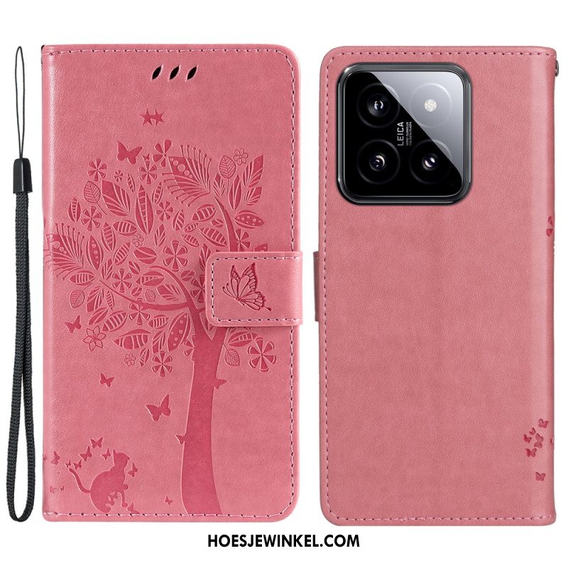 Leren Hoesje Voor Xiaomi 14 Katten- En Leeflijnboom