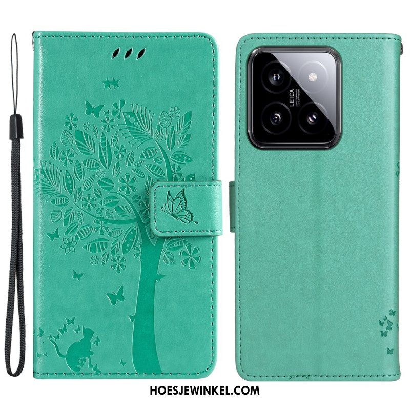 Leren Hoesje Voor Xiaomi 14 Katten- En Leeflijnboom