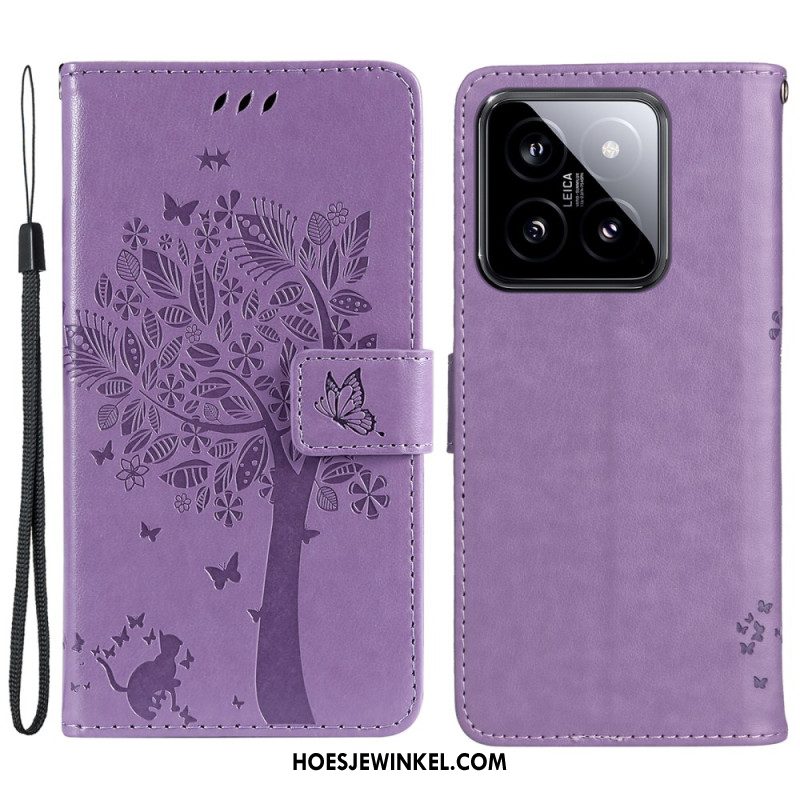 Leren Hoesje Voor Xiaomi 14 Katten- En Leeflijnboom