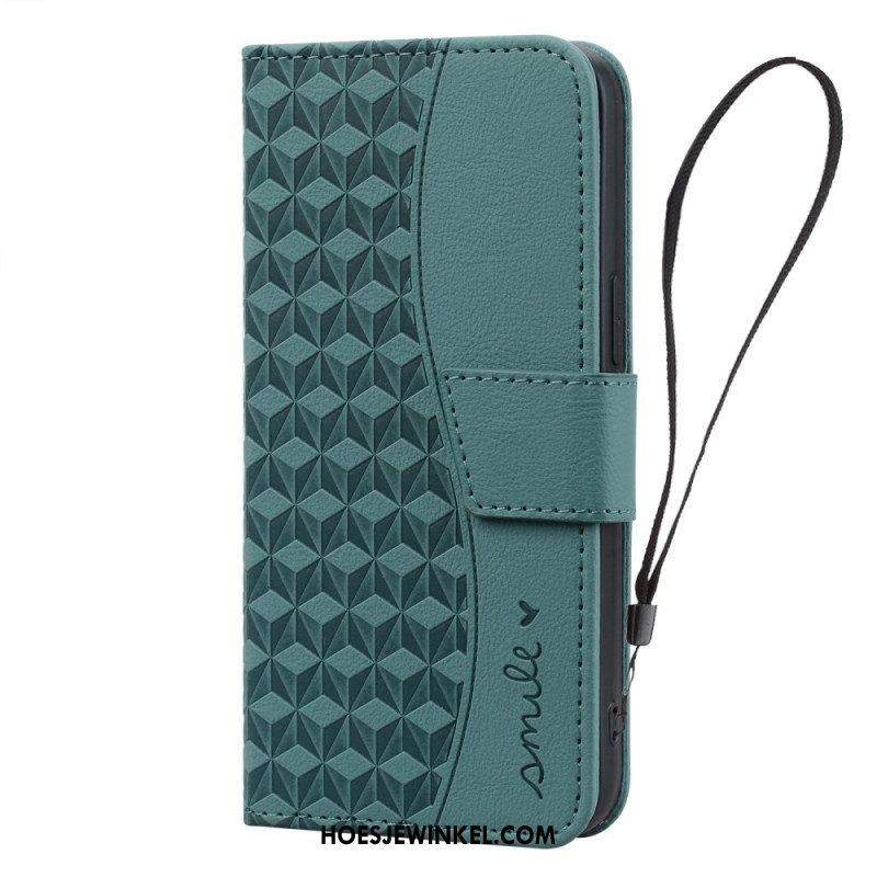 Leren Hoesje Voor iPhone 16 Plus Horizontale Diamantfries Met Riem