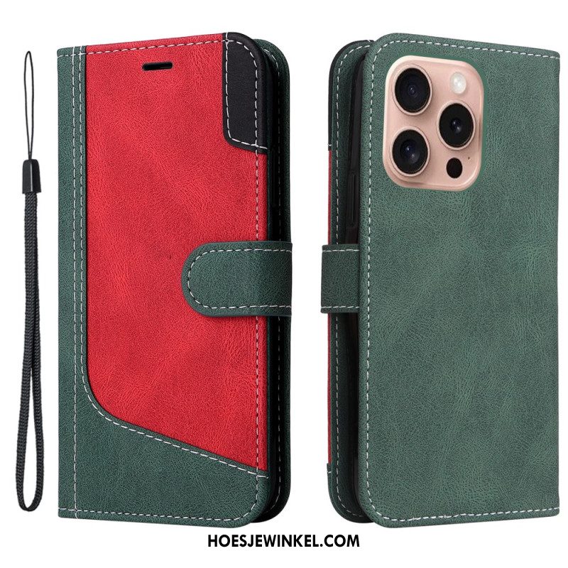 Leren Hoesje Voor iPhone 16 Pro Driekleur Met Riem