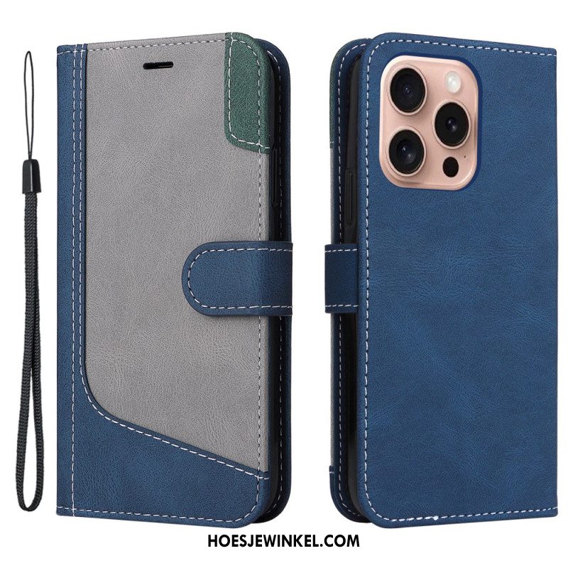 Leren Hoesje Voor iPhone 16 Pro Driekleur Met Riem