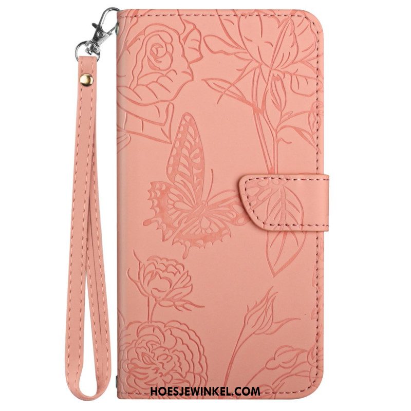 Leren Hoesje Voor iPhone 16 Pro Vlinderprint Met Bandje