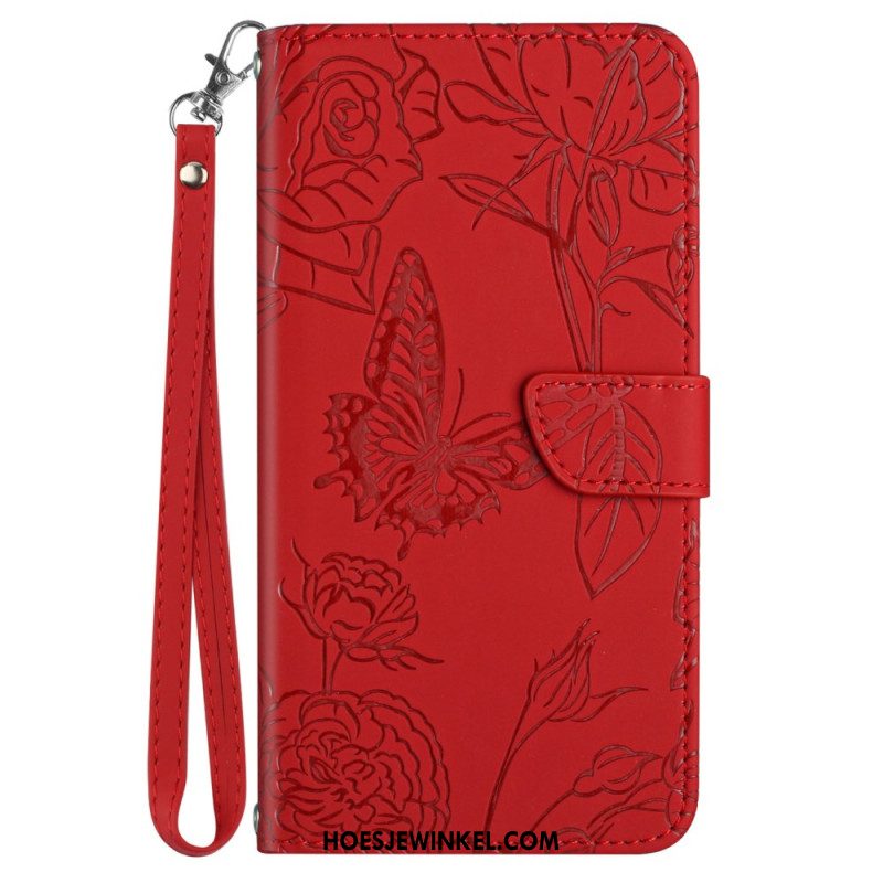 Leren Hoesje Voor iPhone 16 Vlinderprint Met Bandje