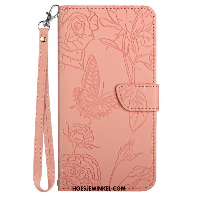 Leren Hoesje Voor iPhone 16 Vlinderprint Met Bandje