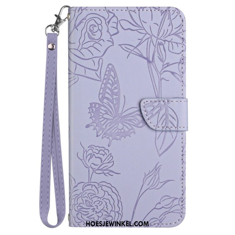 Leren Hoesje Voor iPhone 16 Vlinderprint Met Bandje