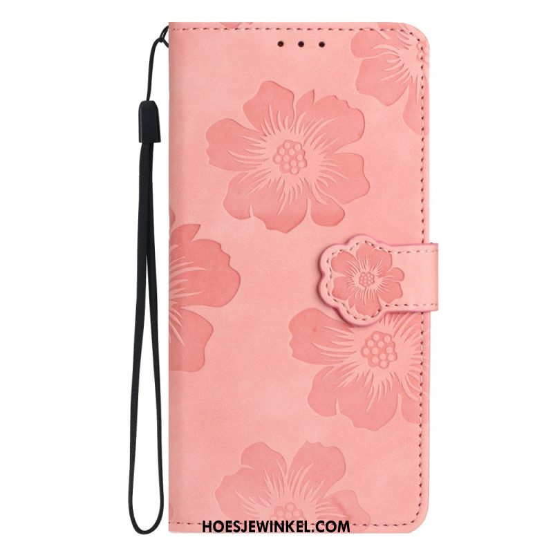 Leren Hoesje iPhone 16 Bloemmotief Met Riempje Bescherming Hoesje