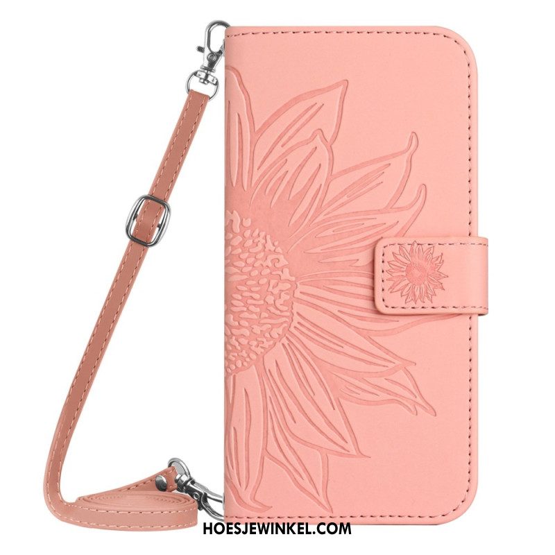 Leren Hoesje iPhone 16 Plus Zonnebloemprint Met Schouderband