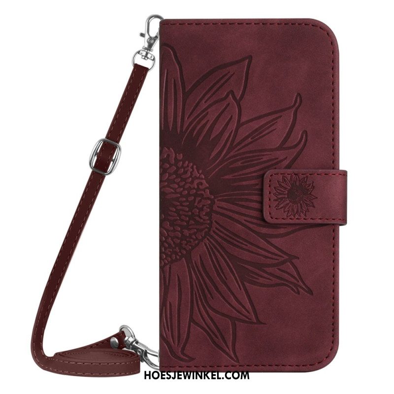 Leren Hoesje iPhone 16 Plus Zonnebloemprint Met Schouderband