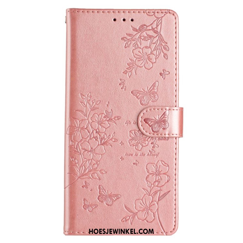 Leren Hoesje iPhone 16 Pro Max Bloemen En Vlinders Bescherming Hoesje